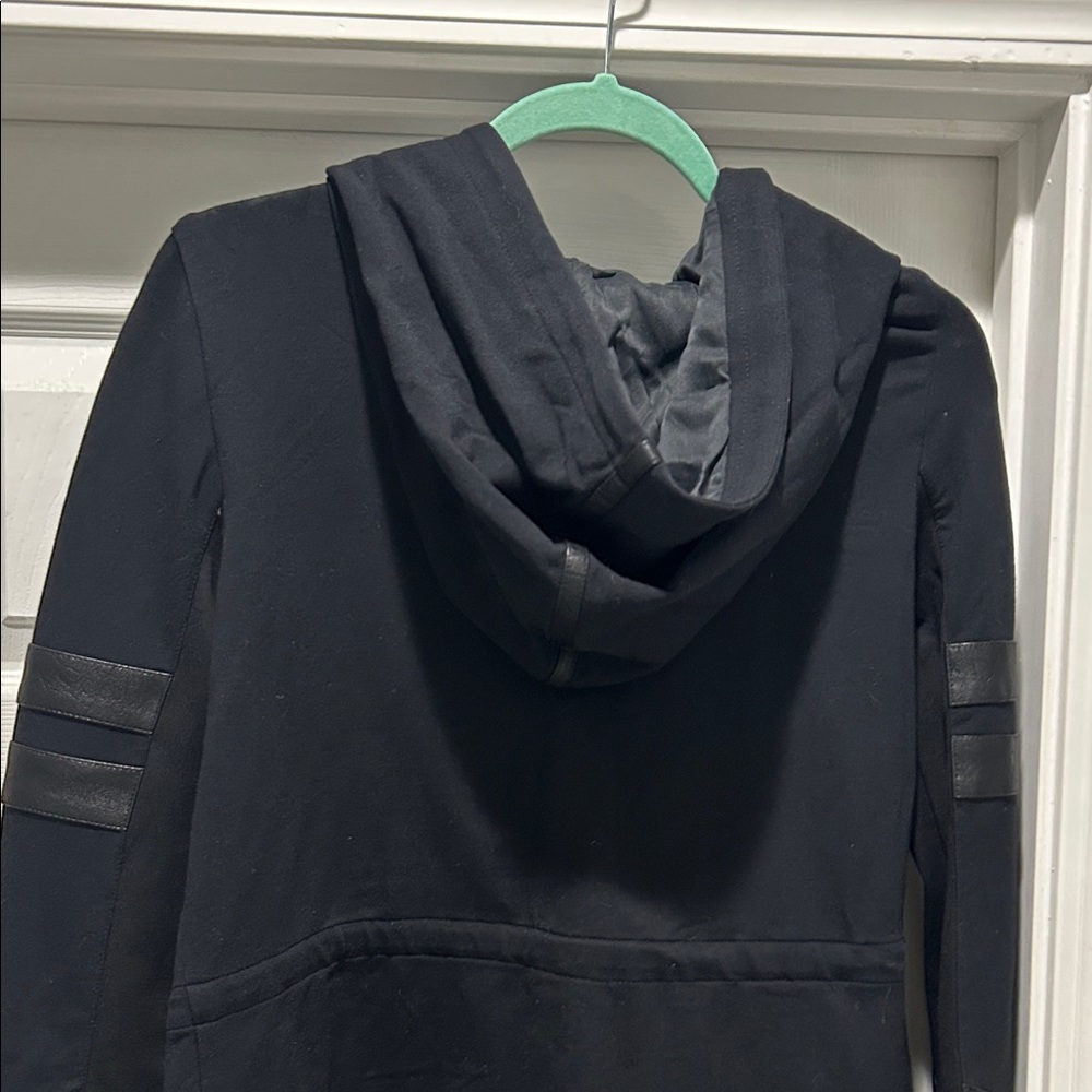 Black Hooded BLANC NOIR Jacket with Leather Accents & Hood **Brand New** - Picture 5 of 6